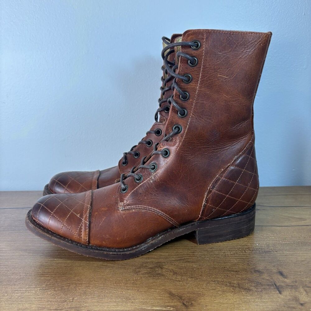 VTG Justin Woman Cognac 9B Roper Easy Side Zip Lace Up Diamond Pattern Boot READ